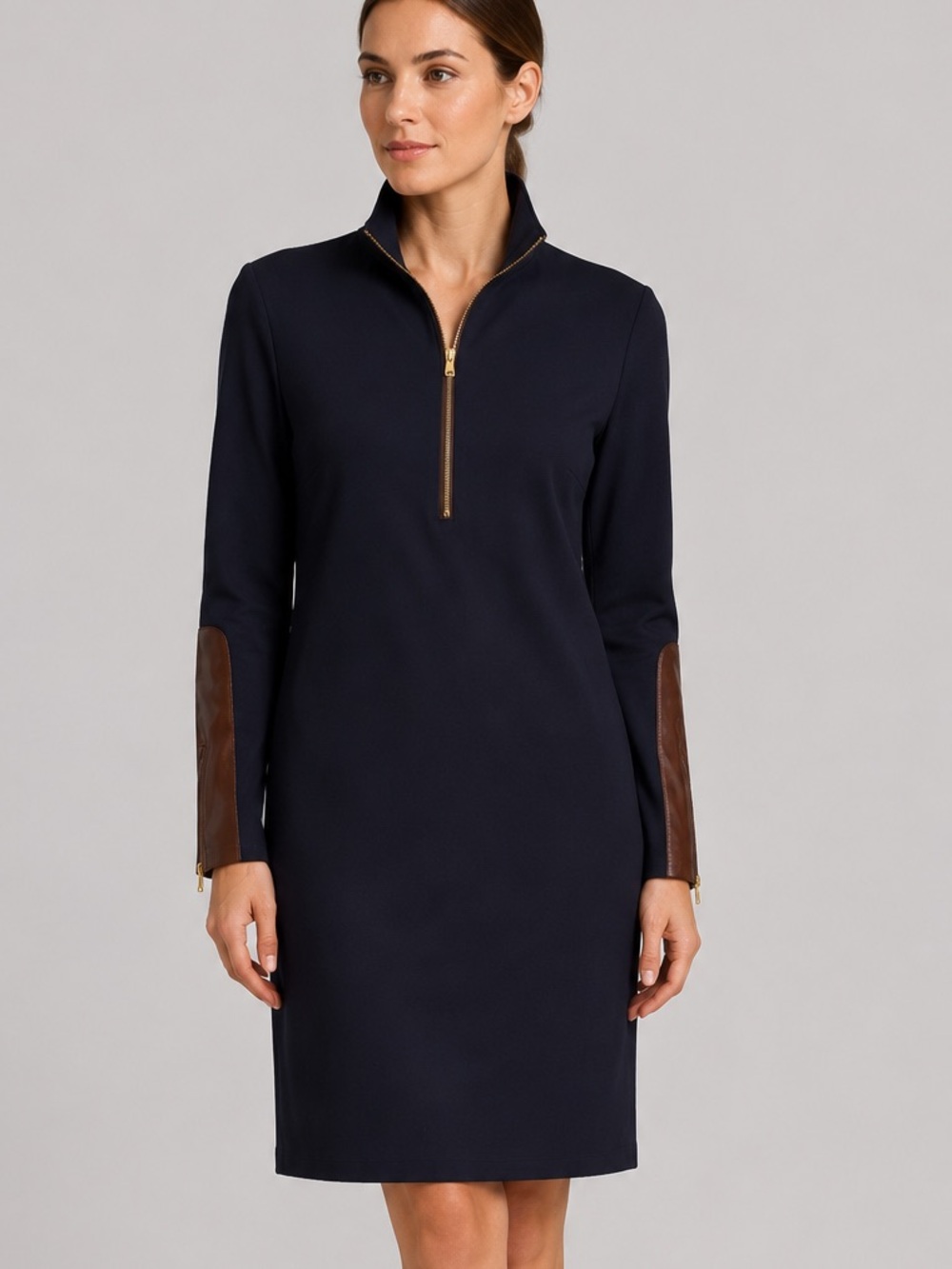 Ralph Lauren Navy Bkue Half Zip Sheath Dress with Leather Arm Detail